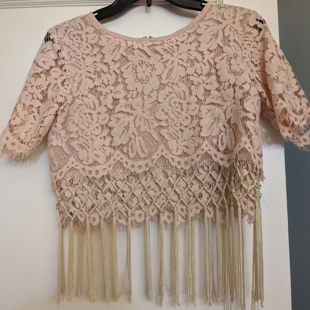 Chelsea & Violet Light Blush Pink Cropped Lace Fringe Macramé Blouse Top